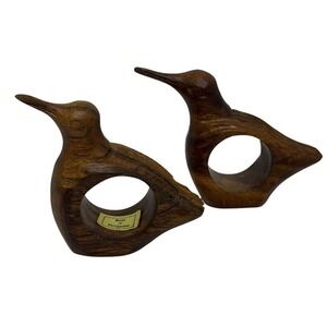 VTG Hand Carved Wood Bird Napkin Rings Brown Boho Animal Decor Philippines Set 2